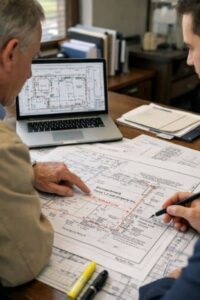 Commercial property buyers reviewing ALTA survey documents with encroachment and setback details