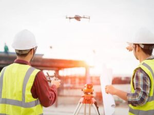 Surveyors using drone technology and site plans during a commercial property ALTA survey