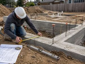 Construction survey in progress showing foundation layout measurements, survey stakes, and site preparation before building work begins