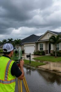 Land surveyor measuring a residential property in a Florida neighborhood before hurricane season