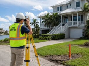 Licensed land surveyor measuring residential property elevation near a coastal home for a FEMA elevation certificate