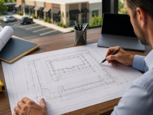 Commercial property buyer reviewing an ALTA survey for a multi-tenant commercial building to verify property boundaries, parking layout, easements, and site conditions before closing.