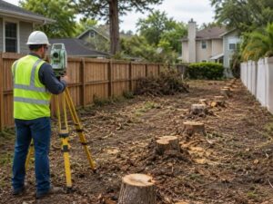 Licensed land surveyor measuring a residential property boundary after tree removal between neighboring properties.