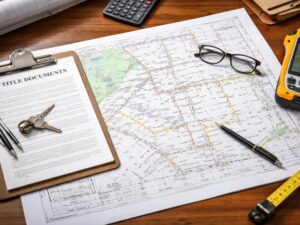 Property documents, title records, and a survey map used during the closing survey process before a real estate transaction