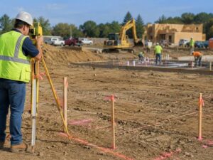 Construction surveyor performing layout staking before foundation work begins on a residential building site.