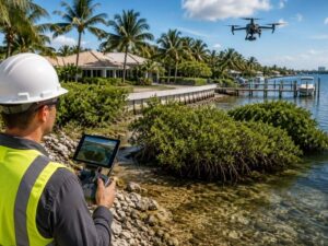 Licensed surveyor operating a drone to document coastal property features, including mangroves, shoreline, canal banks, and waterfront structures in West Palm Beach, Florida.