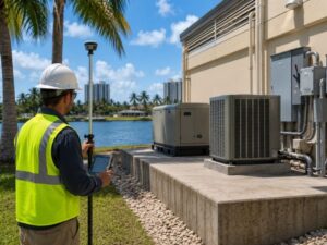 Licensed surveyor measuring the elevation of rooftop and ground-level mechanical equipment at a commercial building to verify flood compliance before equipment relocation.