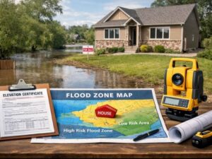 Elevation certificate, flood zone map, and survey equipment used to evaluate a home's flood risk after improvements.