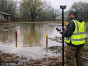 Land surveyor using GPS equipment to measure elevations and drainage conditions on a flood-prone property after heavy rain.