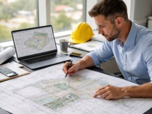 Licensed land surveyor reviewing property maps and survey documents during boundary research.