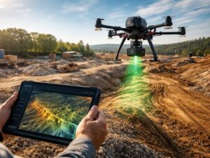 Drone LiDAR mapping survey capturing elevation data over a construction site while displaying a 3D terrain model on a tablet