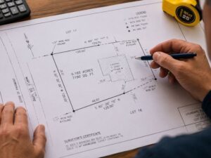 Plat of survey showing lot dimensions, house footprint, and boundary measurements used for property and site planning