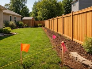 Survey markers and string line showing the boundary location before fence installation on a residential property.