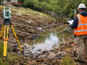 Surveyor using a total station to map elevations and drainage patterns on a residential property before yard improvements.