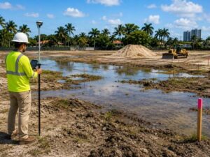 Construction surveyor in a neon safety vest and hard hat uses a level instrument by a flooded construction site, with a sand pile and bulldozer in the background.