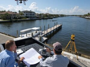 Aerial survey drone and land surveyors documenting a waterfront property near the mean high water line in West Palm Beach using professional survey equipment.