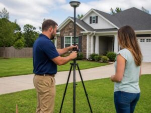 Man adjusts a tripod-mounted surveying instrument in a suburban front yard while a woman watches nearby by a house.
