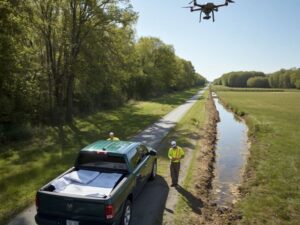 Drone land surveying for a private road extension in West Palm Beach with surveyors mapping the road corridor, drainage, and surrounding terrain.