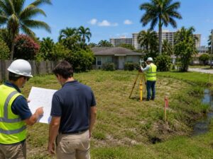 Licensed surveyor performing a due diligence survey on a small vacant parcel while a prospective buyer reviews the property before purchase in West Palm Beach, Florida.
