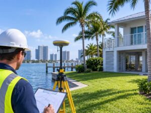 Flood elevation survey at a low-lying waterfront property in West Palm Beach, Florida, with a licensed surveyor collecting elevation data for future planning and property improvements.


