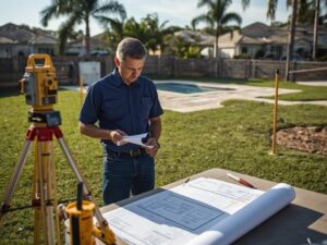 Surveyor reviews blueprints on a table in a backyard, with a theodolite and measuring equipment nearby.