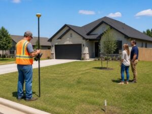 Land surveyor performing a mortgage closing survey at a residential property in West Palm Beach, FL before the final title review.