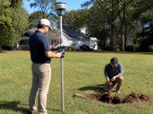 Surveyors on a grassy yard; one man holds a GNSS receiver on a pole while the other digs a hole nearby.