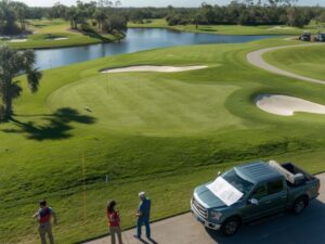 Survey team using a drone to map a golf course in West Palm Beach for drainage, grading, bunker, and renovation planning.