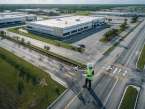 Aerial view of a commercial business park with a licensed land surveyor using GPS surveying equipment to document site conditions and property records in West Palm Beach, Florida.
