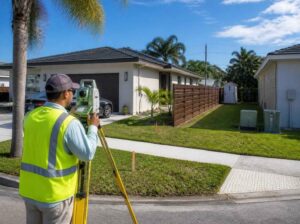 Land surveyor completing a loan closing survey at a West Palm Beach home with fencing, a shed, utilities, and nearby property improvements.