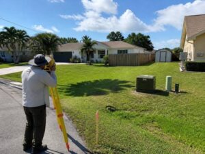 Land surveyor completing a mortgage refinance survey at a West Palm Beach home with fencing, a shed, utilities, and nearby improvements.