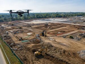 Drone surveying an active construction site in West Palm Beach FL to review grading progress stockpiles and site conditions