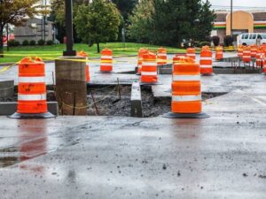 Construction staking layout for curbs and parking rows at a commercial parking lot in West Palm Beach Florida