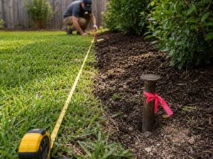 Property line markers used to guide landscaping near residential boundaries in West Palm Beach Florida.