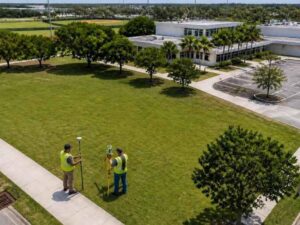 Survey companies mapping a school campus expansion area near classrooms, parking, and athletic fields in West Palm Beach, Florida.